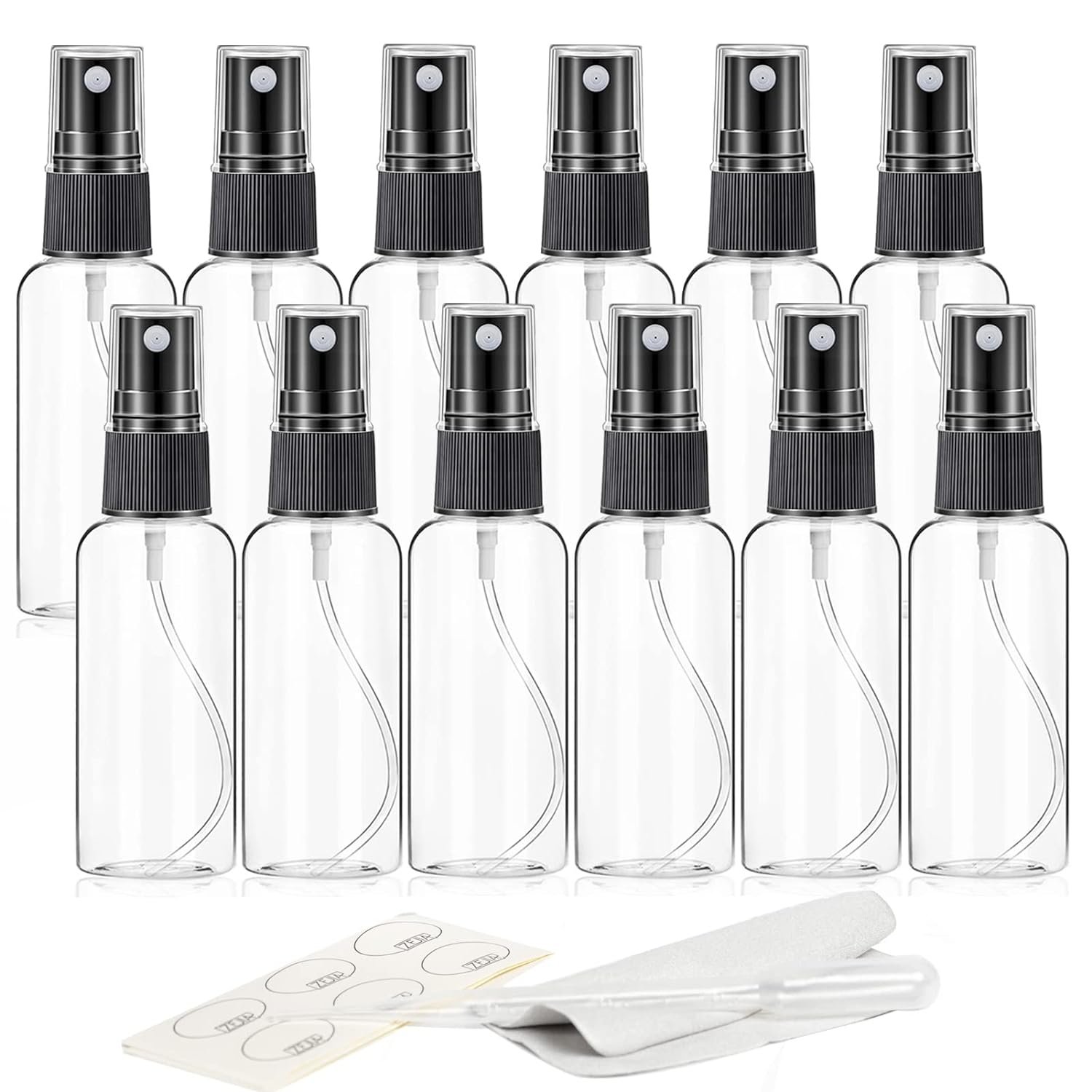 ZEJIA 1 oz Spray Bottle, 12 Pack Mini Spray Bottles, 30ml Small Spray Bottle Fine Mist Spray Bottles for Essential Oils, Travel, Perfumes, with Stickers, Tissues, Droppers