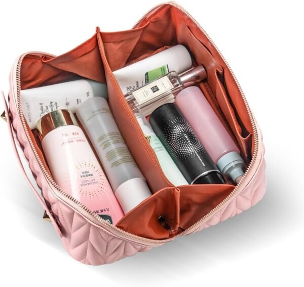 Large Makeup Bag Pink Cosmetic Bag PU Leather Waterproof Travel Cosmetic Organizer for Women Portable With Handle