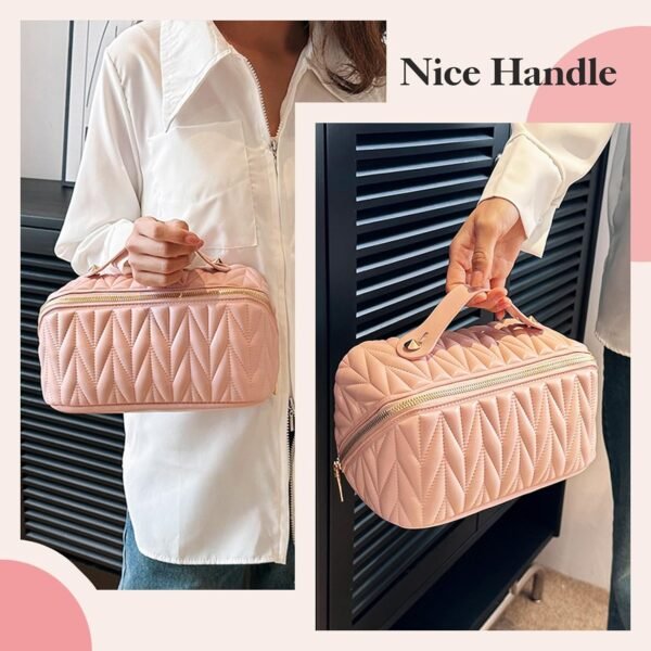 Large Makeup Bag Pink Cosmetic Bag PU Leather Waterproof Travel Cosmetic Organizer for Women Portable With Handle