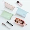 Small Makeup Bag For Purse Travel Cosmetic Bag Makeup Pouch PU Leather Portable Versatile Zipper Pouch For Women (Beige)