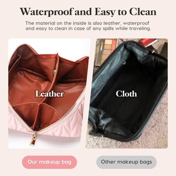 Large Makeup Bag Pink Cosmetic Bag PU Leather Waterproof Travel Cosmetic Organizer for Women Portable With Handle