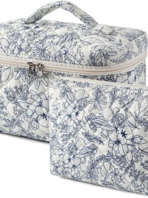 2 pcs Large Floral Quilted Makeup Bag Set for Women, Cotton Quilted Big Cosmetic Bag, Coquette Aesthetic Cute Travel Toiletry Bag(02Navy Flower)