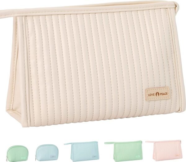 Small Makeup Bag For Purse Travel Cosmetic Bag Makeup Pouch PU Leather Portable Versatile Zipper Pouch For Women (Beige)