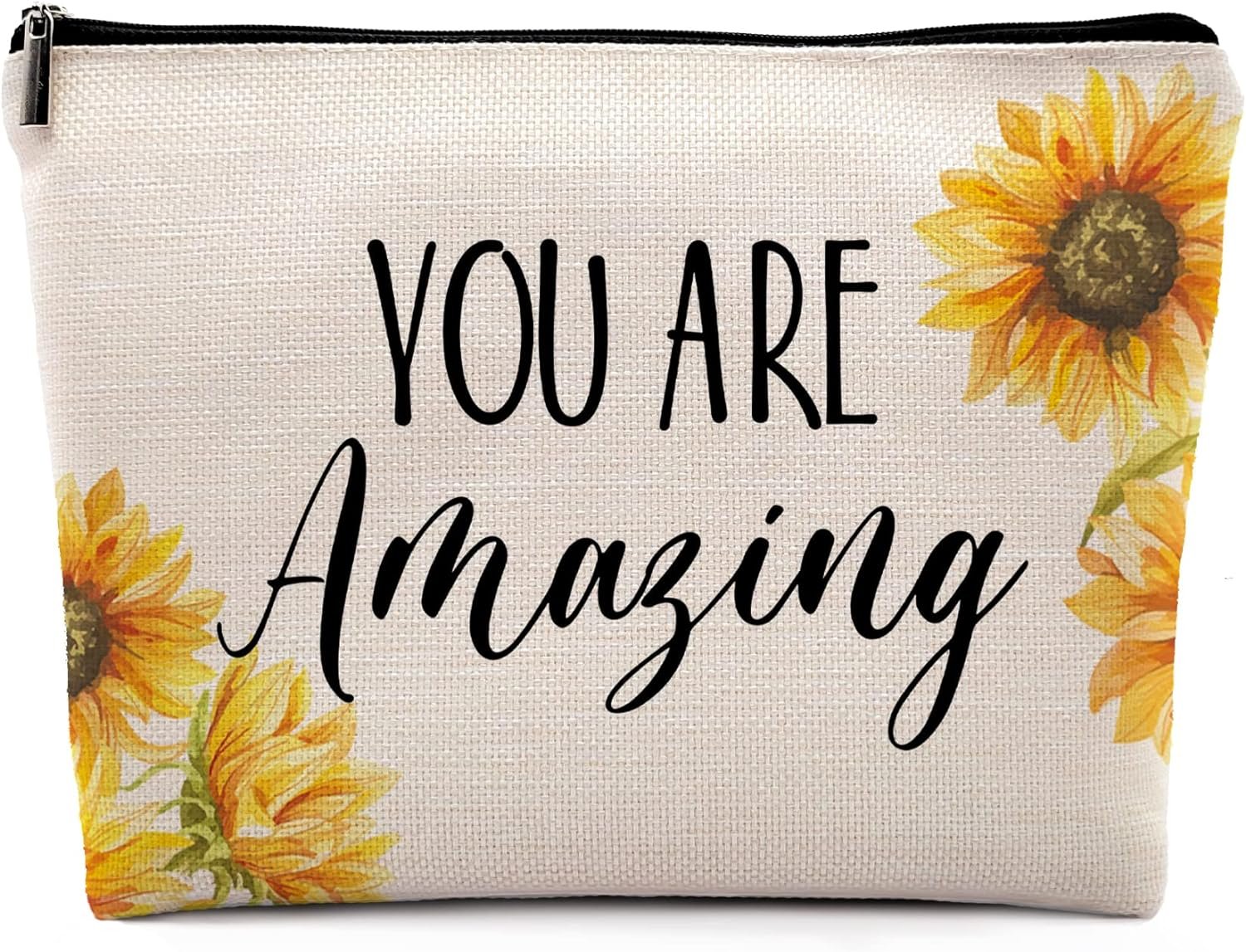 You Are Amazing Sunflower Makeup Cosmetic Bag,Inspirational Quote Linen Makeup Travel Toiletry Bag,Birthday Cosmetic Bag Gifts for Women Best Friend BFF Bestie Wife Her