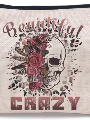 Beautiful Crazy Floral Skull Vintage Rose Skeleton Western Country Music Makeup Bag Make up Cosmetic Bag Small Zipper Pouch,Gifts for Women Country Girls