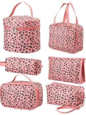 6 Pcs Makeup Bag Leopard Print Makeup Bag Set Pink Cheetah Travel Cosmetic Bag Pu Leather Zipper Pouch Waterproof Cosmetic Storage Bag Christmas Gifts for Women