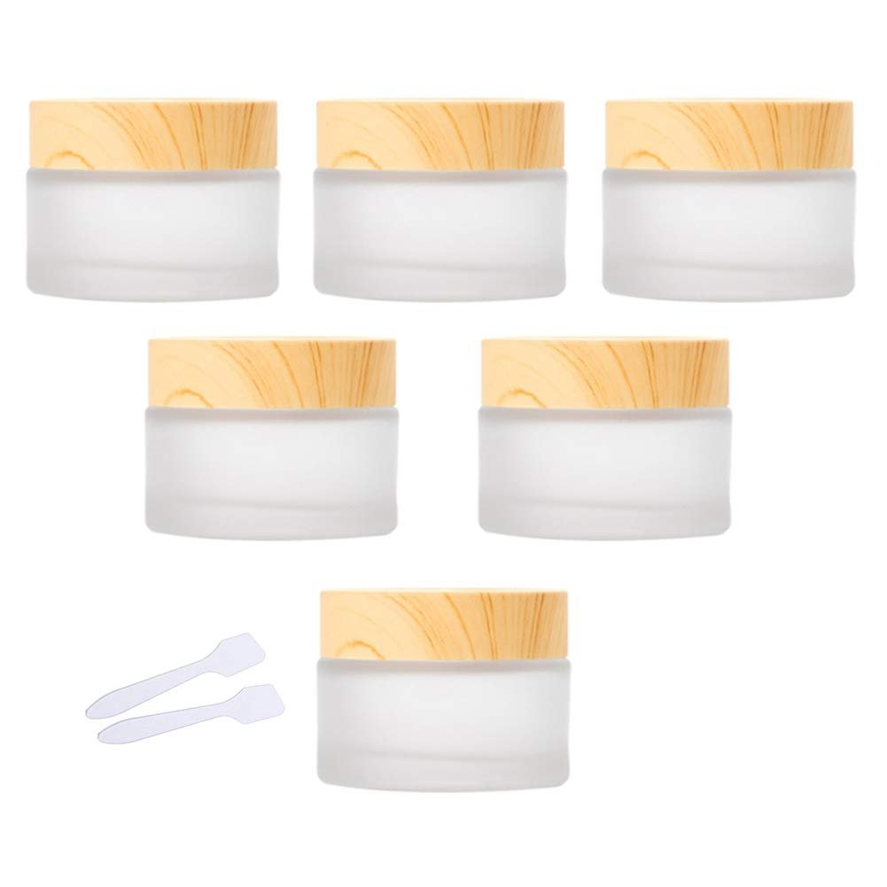 6 Packs Frosted Glass Jar Cosmetic Cream Jar Cosmetic Sample Containers Travel Makeup Lotion Bottles Face Cream Emulsion Storage Pot With Inner Liner 2 Spatulas Included (30g/1oz)