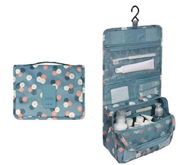 Travel Toiletry Bag Waterproof Makeup Cosmetic Bag with Hanging Hook Portable Makeup Pouch Hanging Makeup Organizer for Women and Girls Blue flower