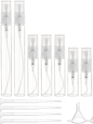 BENECREAT 30PCS 3ml/5ml/10ml Mini Fine Mist Spray Bottle Clear Glass Travel Empty Atomiser Spray Bottles with 2PCS Funnel and 4PCS Pipettes for Perfume, Cosmetic(10PCS/Size)