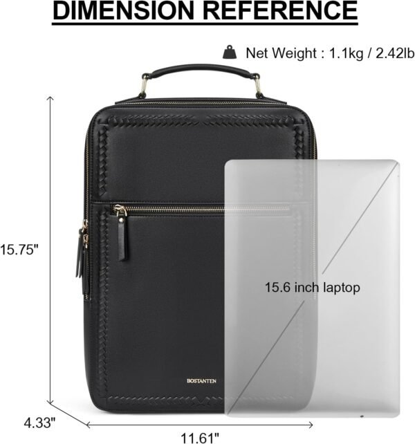 BOSTANTEN Leather Backpack 15.6 inch Laptop Bag Travel Casual Computer Backpack College Business Work Shoulder Bags with Trolley Sleeve for Women Men Black