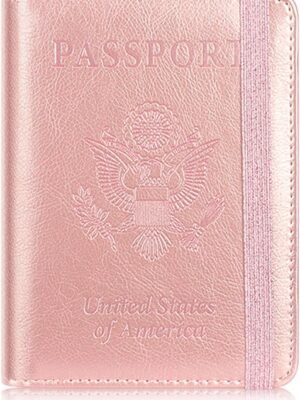 Passport Holder Cover, Passport Wallet RFID Blocking Leather Card Case, Passport Case Cover Travel Accessories for Women Men-Rose Gold