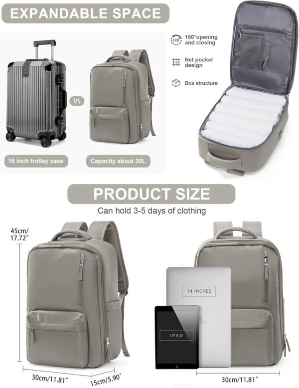 VGCUB Travel Essentials Backpack for Women Men,Laptop Carry on Backpack with Laptop Compartment,Waterproof Work Personal Item Size Backpack with USB Charging Port,Brown