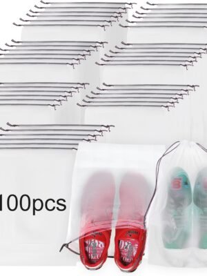 100 Pcs 11.8 x 15.7 Inch Translucent Shoes Bags for Travel, Large Shoe Storage Organizers Pouch with Rope for Men and Women