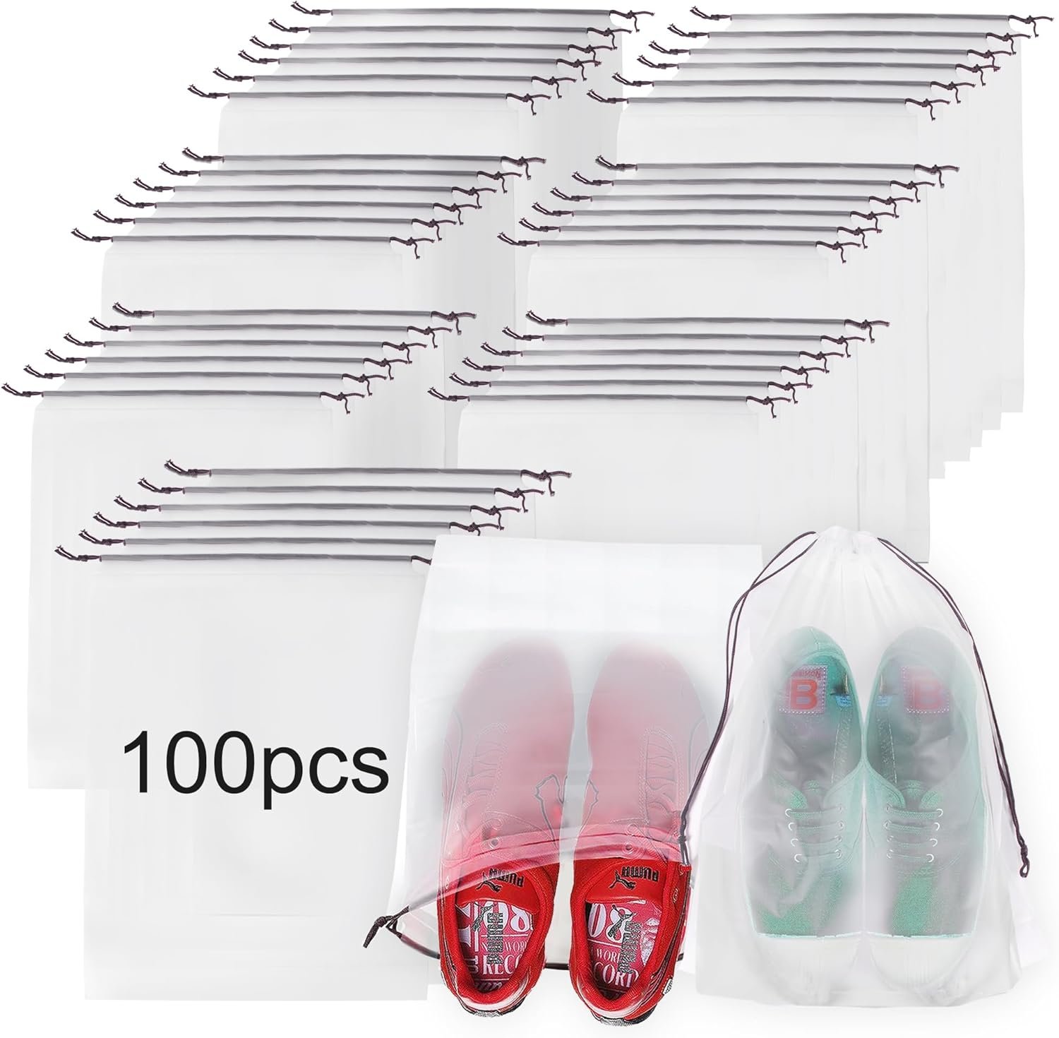 100 Pcs 11.8 x 15.7 Inch Translucent Shoes Bags for Travel, Large Shoe Storage Organizers Pouch with Rope for Men and Women