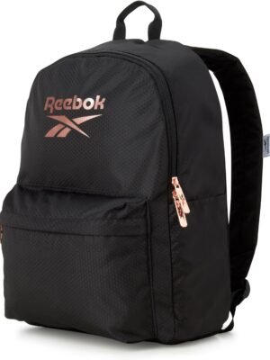 Reebok Backpack – Lightweight Carry On Weekender Overnight Sports Gym Bag – Casual Bag for Travel, Beach, Black With Rose Gold Logo