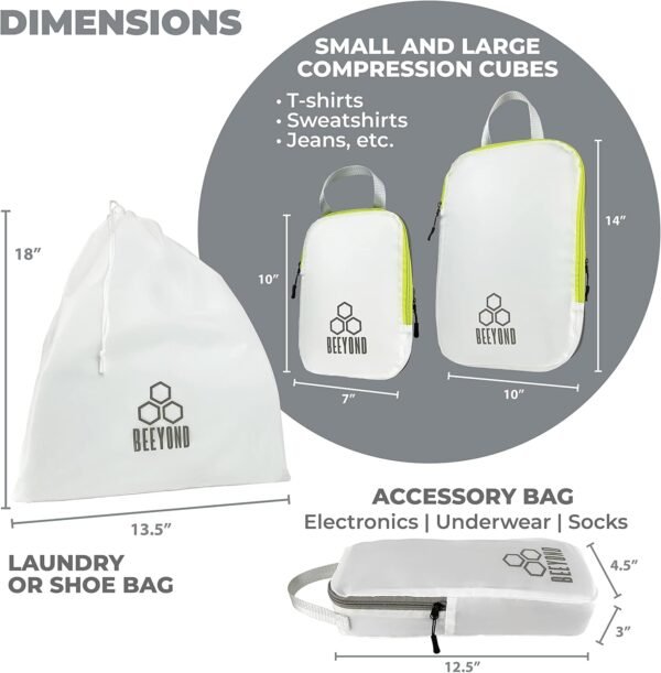 Compression Packing Cubes for Travel - Packing Cubes and Travel Organizers (6 Piece, Green and White)