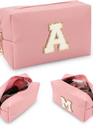 Personalized Initial Travel Makeup Bag Small Cute Preppy Cosmetic Bag Waterproof PU Make Up Bag with A-Z Letter Makeup Pouch for Women Girls(Pink,Small A)