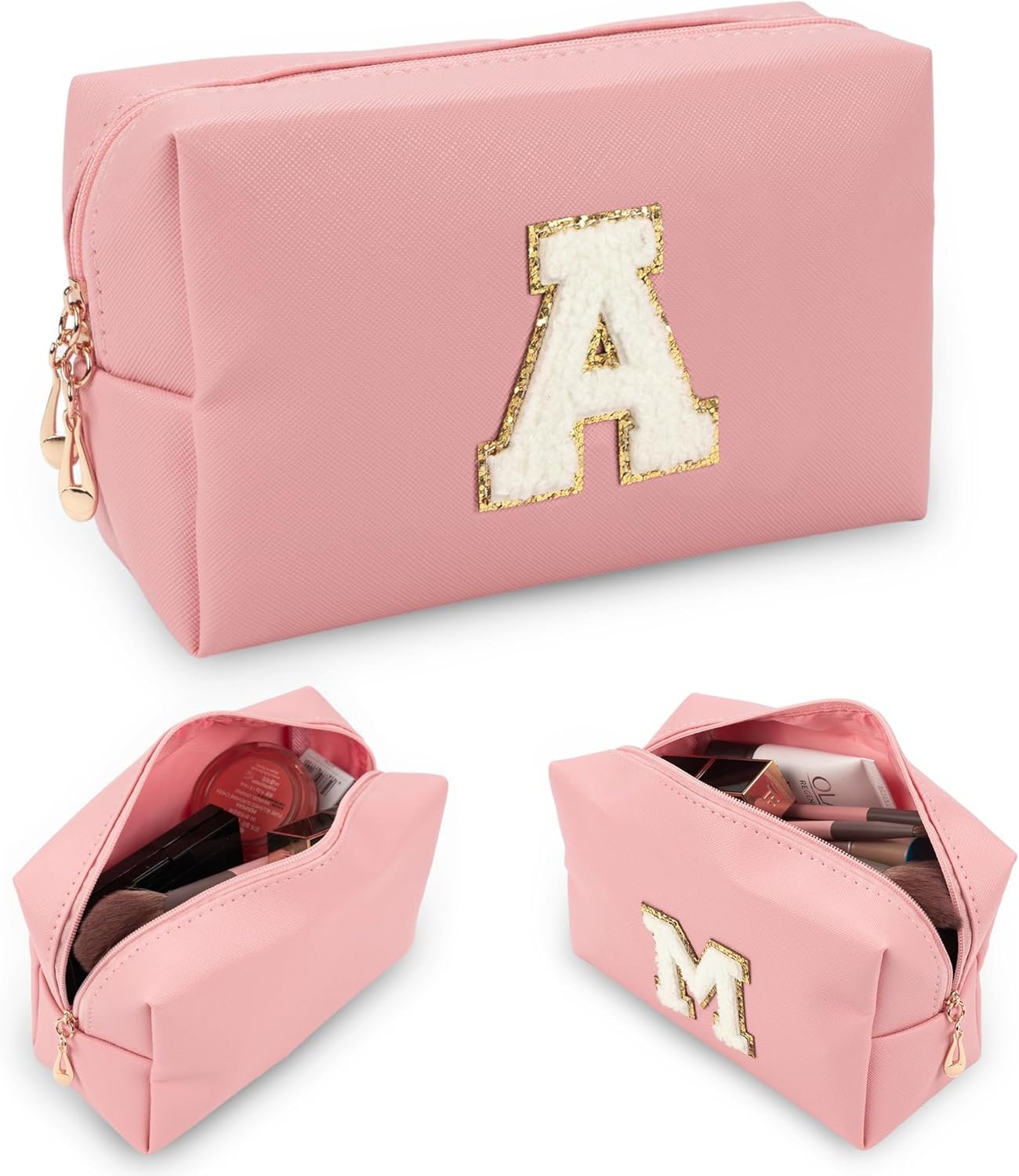 Personalized Initial Travel Makeup Bag Small Cute Preppy Cosmetic Bag Waterproof PU Make Up Bag with A-Z Letter Makeup Pouch for Women Girls(Pink,Small A)