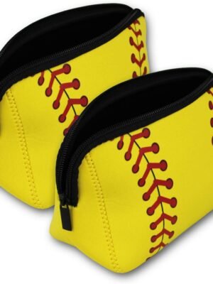 Baseball Softball Make Up Bag Cosmetics Toiletries Neoprene washable zipper women girls mom gift team player (Softball 2 Pack)