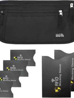 71oaZDFiVAL._AC_SL1500_.jpg Unisex Money Belt with RFID Blocking Sleeves, Slim Passport Holder RFID Blocking Travel Essentials, Waist Pouch to Protect Cash, Black & 6 Sleeves