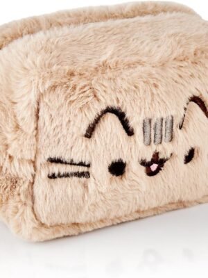 Pusheen Womens Fluffy Makeup Bag | Ladies All Over Fur with Embroidered Logo in Tan | Classic Logo Zip Cosmetic Storage Bag