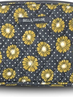 Bella Taylor Large Quilted Cotton Makeup Pouch for Women, Travel Cosmetic Bag, Quilted Cotton Dotted Daisy Charcoal Floral