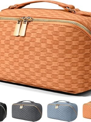 Upgraded Large Travel Makeup Bag with Compartments Brown Checkered Makeup Bag organizer Travel Toiletry Bag Waterproof Flat Lay Cosmetic Bags For Women and Girls