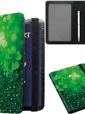 Passport and Vaccine Card Holder Combo, PU Leather RFID Blocking Passport Holder Cover Case for Women, Travel Passport Wallet Leather Case with Elastic Band, with Pen, Green Glitter