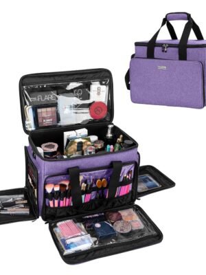 BAFASO Large Cosmetic Bag Makeup Bag with Adjustable Dividers, Travel Makeup Case Holds Cosmetics and Hair Supplies, Purple