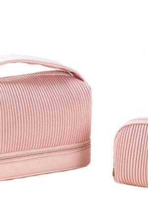 Wander Agio Womens Travel Toiletry Kit Bags Vacation Cosmetic Organizer Makeup Case Packet For Women Toast Bag 2-sets Double-deck Pink 05