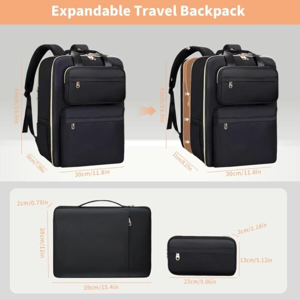 BERTASCHE Travel Laptop Backpack for Women with 15.6 inch Laptop Sleeve, Carry On Backpack Flight Approved, Personal Item Travel Bag for Work Business Trip Weekender Expandable Casual Daypack, Black