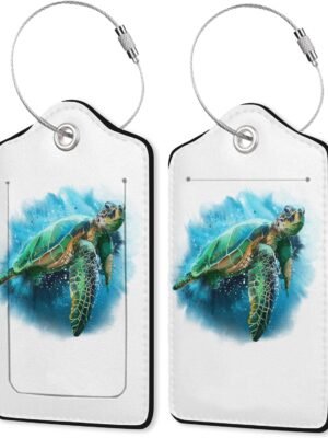 Turtle Luggage Tags Set of 2 Leather Luggage Tags Privacy Cover Suitcase Label with Stainless Steel Loop for Women/Men Travel Watercolor Sea Turtle