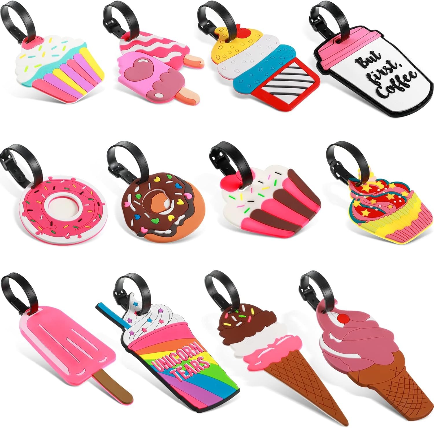 12 Pieces Funny Luggage Tags Cute Travel Baggage Bag Tags Luggage Identifier Colorful Suitcase Labels for Women Men (Dessert Series)