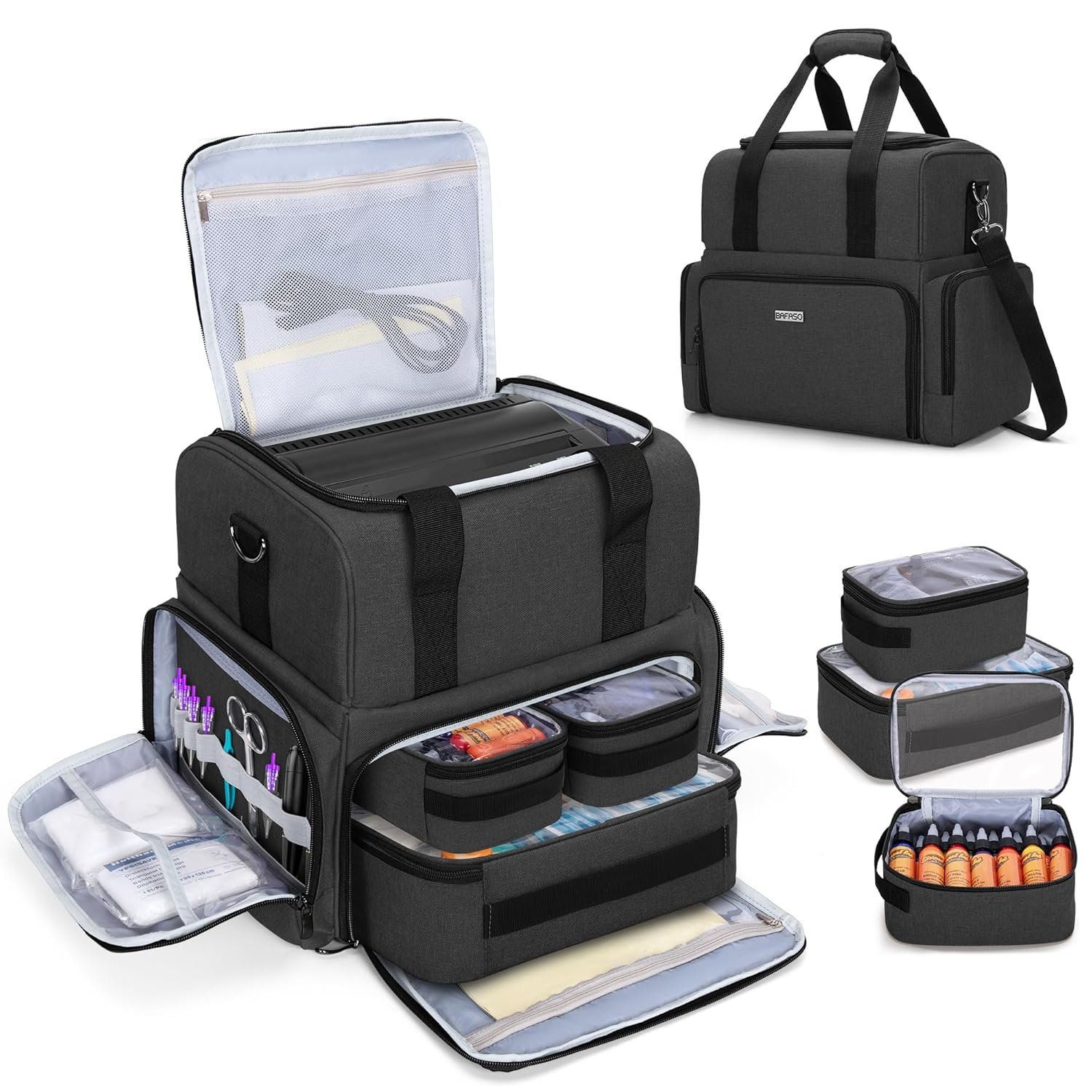 BAFASO Large Tattoo Case with 3 Inner Removable Pouches, Tattoo Travel Case for Large Tattoo Stencil Printer and Tattoo Supplies (Bag Only), Black (Patented)