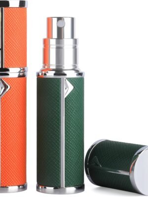 2pcs Travel Perfume Bottle Refillable, Cologne Travel Size Atomizer Bottle,Refill Perfume Dispenser Container,Mini Spray Pump Scent Case For Men And Women, 5ml (Dark Green & Orange)