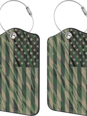 2 Pack Luggage Tags for Suitcase,Camo USA Flag PU Leather Idea Baggage Tag with Name Labels Privacy Cover Metal Ring Men and Women Travel Cruise Labels