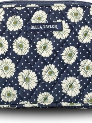 Bella Taylor Large Quilted Cotton Makeup Pouch for Women, Travel Cosmetic Bag, Quilted Cotton Dotted Daisy Navy Floral