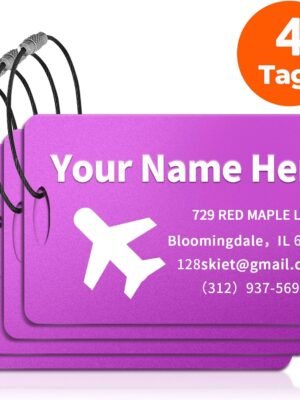 4 PCS Personalized Luggage Tags, Engraved Aluminum Luggage Tag, Custom Luggage Tag for Bag Id, Custom Suitcase Tag, Backpack Tag, Personalized Name Tags for Travel (Purple)