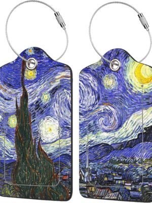 2 Pack The Starry Night Luggage Tags for Suitcases,Starry Night Van Gogh Leather Baggage Suitcases Tag Name ID Label Privacy Cover Travel Bag Tags for Women Men Boys Girls