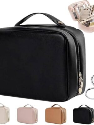 Set Patient Multi-compartment Toiletry Cosmetic Bag, Setpatient Cosmetic Bag-Multi Purpose Pouchette for Makeup PU Leather Portable Storage Bag Women Travel Bag (Black)