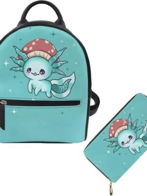 Showudesigns Axolotl Backpack Purse for Women Girls Mini Backpack Leather Shoulder Bag Wallets Small Backbag College Daypack Travel Accessories Mushroom Aqua 2 Pack