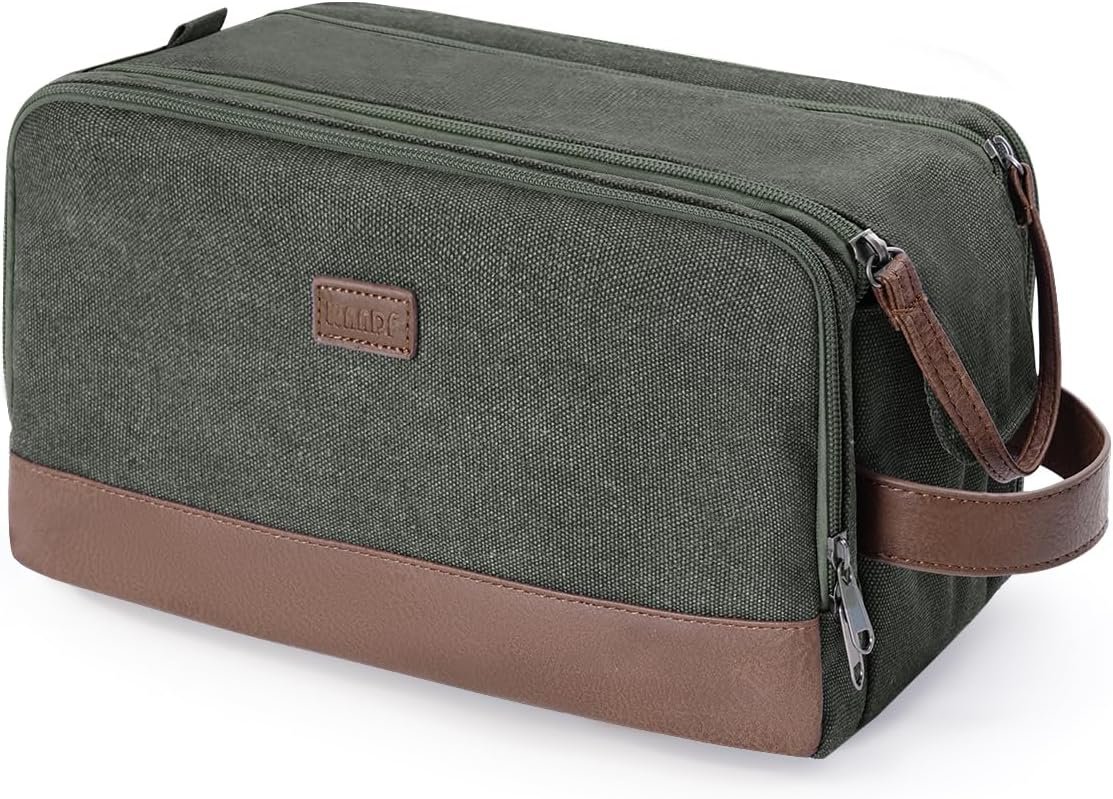 WANDF Toiletry Bag for Men Travel Toiletry Organizer Canvas and Leather Dopp Kit Water-Resistant Shaving Bag for Travel Accessories (Green, Patent Pending)