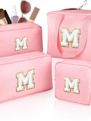 4Pcs Makeup Bags Set, Personalized Initial Cosmetic Bags Nylon Travel Toiletry Bags Portable Storage Bags with Zipper, Christmas Gift Birthday Gift for Women Girls, M