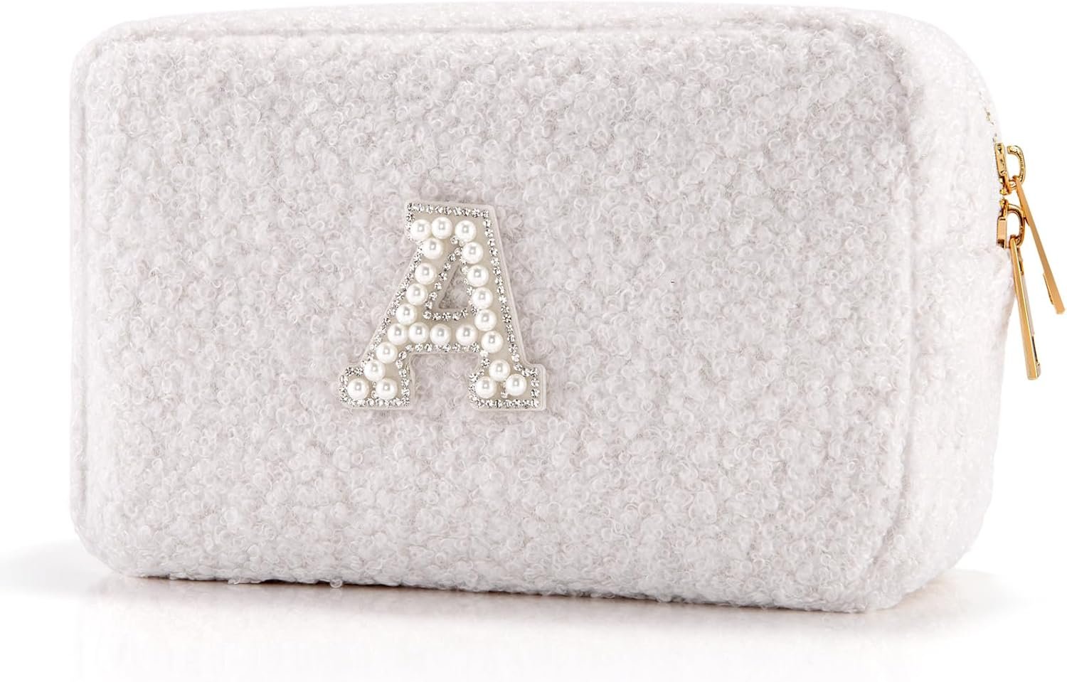 Personalized Initial Travel Makeup Bag, Makeup Bag Travel Cosmetic Bag, Sherpa Teddy Pearl Letters A