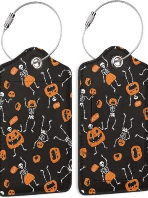 2 Pcs Funny Skeletons with Pumpkins Halloween Luggage Tags,Cruise Luggage Tag with Privacy Flap,Name Id Label and Steel Loop for Women Men Travel Bag Suitcase