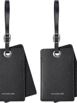 Vigorport Luggage Tag for Suitcase, 2 Pack Premium Faux Leather Tags, Travel Bag Labels, Privacy Protection Suitcase Tags (Black)