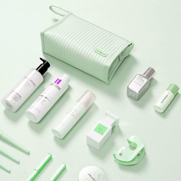 Makeup Bag 3 Pcs Cosmetic Bags Set, PU Striped Leather Toiletry Bag, Portable Waterproof Travel Makeup Organizer, Cute Make up Bags for Women and Girls (Light Green)