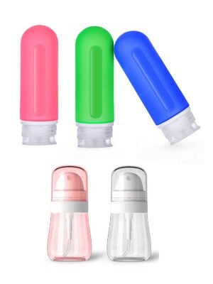 WELLNA silicone travel size toiletries, 5pack Silicone Travel Size Bottles,BPA free travel size bottles for toiletries,3 OZ 3 Pack And 50 ML 2 Pack Spray Bottles