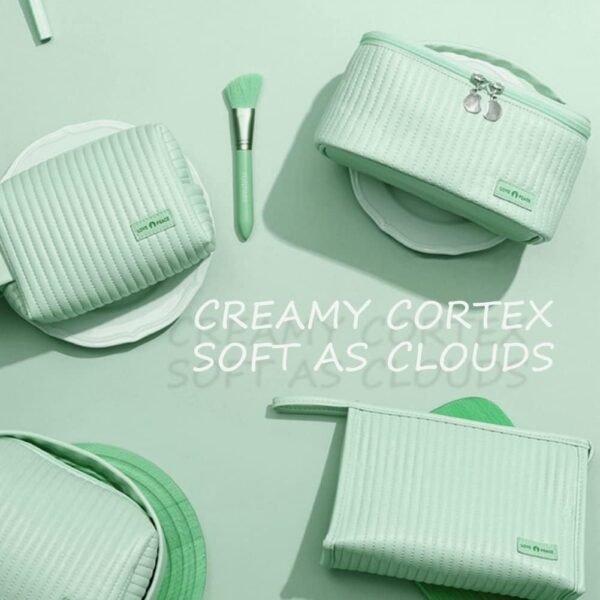 Makeup Bag 3 Pcs Cosmetic Bags Set, PU Striped Leather Toiletry Bag, Portable Waterproof Travel Makeup Organizer, Cute Make up Bags for Women and Girls (Light Green)