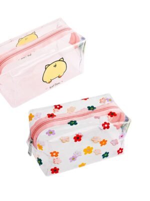 2 Pcs Cute Crystal Clear Cosmetic Bags, Travel Toiletry Clear Makeup Bags, Portable Makeup Brushes Kit Storage Bag, Waterproof Cartoon Organization For Women Girls (2-Piece Option A)